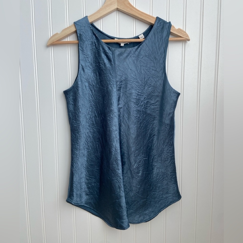 Vince Satin Tank Top Women’s S Stormy Blue Bias Cut Crinkle